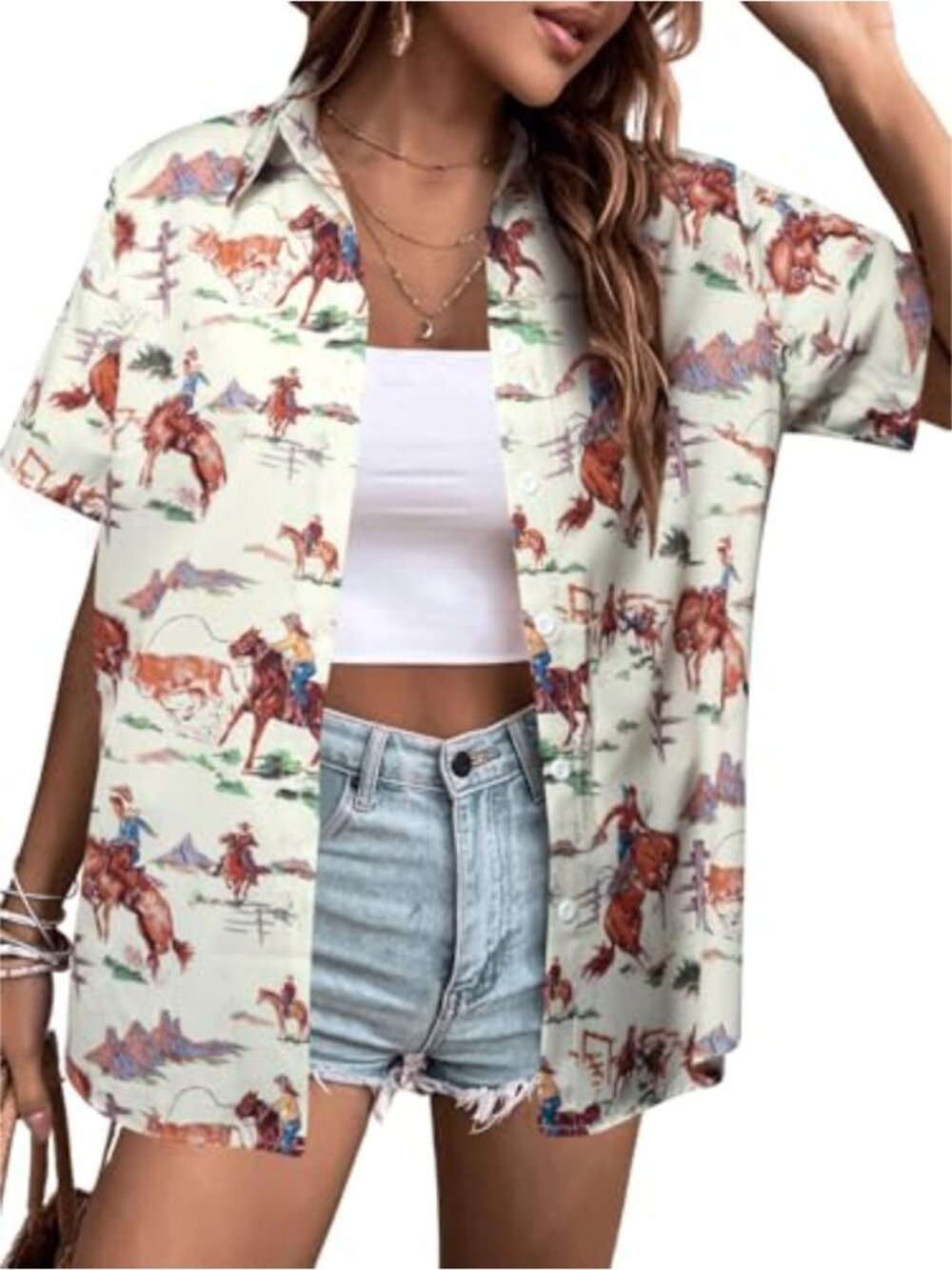 Western Cowgirl Button Down Shirt Women Retro Hawaiian Summer Top
